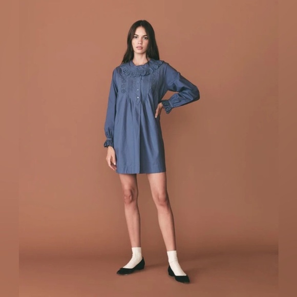 Doen Nerona Cotton Eyelet Ruffle Collar Long Sleeve Dress Atlantic Blue - Picture 4 of 12